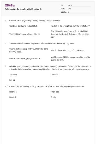 Trắc nghiệm: Ôn tập văn miêu tả có đáp án