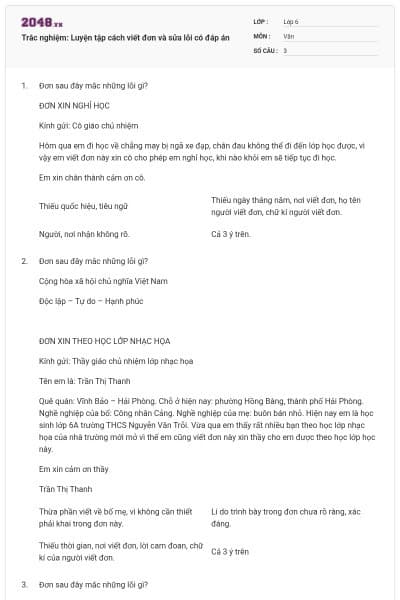 Trắc nghiệm: Luyện tập cách viết đơn và sửa lỗi có đáp án