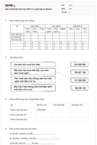 Giải vở bài tập Toán lớp 4 Bài 12. Luyện tập có đáp án