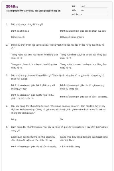 Trắc nghiệm: Ôn tập về dấu câu (dấu phẩy) có đáp án