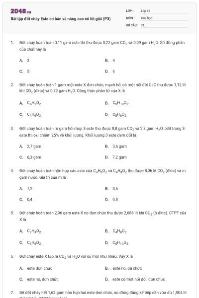 Bài tập đốt cháy Este cơ bản và nâng cao có lời giải (P3)