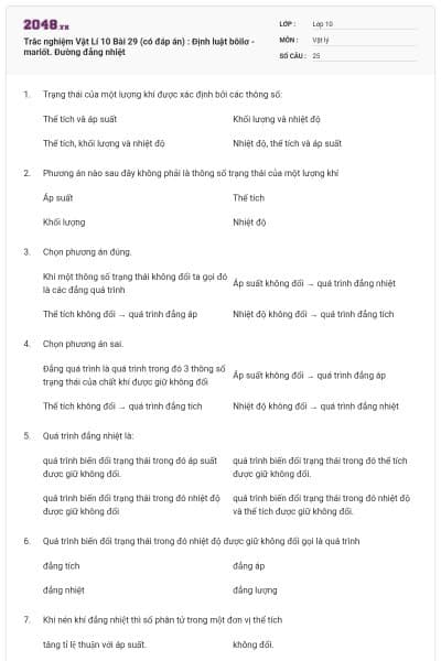 Trắc nghiệm Vật Lí 10 Bài 29 (có đáp án) : Định luật bôilơ - mariốt. Đường đẳng nhiệt