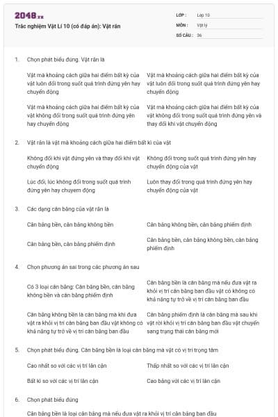 Trắc nghiệm Vật Lí 10 (có đáp án): Vật rắn