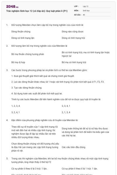 Trắc nghiệm Sinh học 12 (có đáp án): Quy luật phân li (P1)