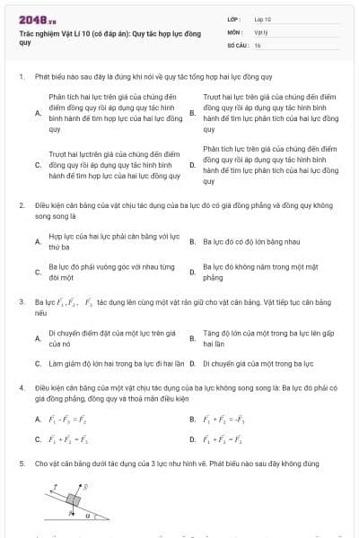 Trắc nghiệm Vật Lí 10 (có đáp án): Quy tắc hợp lực đồng quy