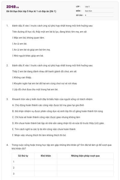 Đề thi Đạo Đức lớp 5 Học kì 1 có đáp án (Đề 1)
