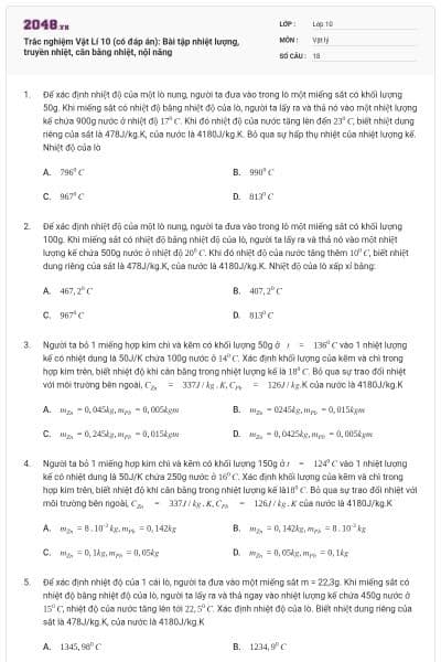 Trắc nghiệm Vật Lí 10 (có đáp án): Bài tập nhiệt lượng, truyền nhiệt, cân bằng nhiệt, nội năng