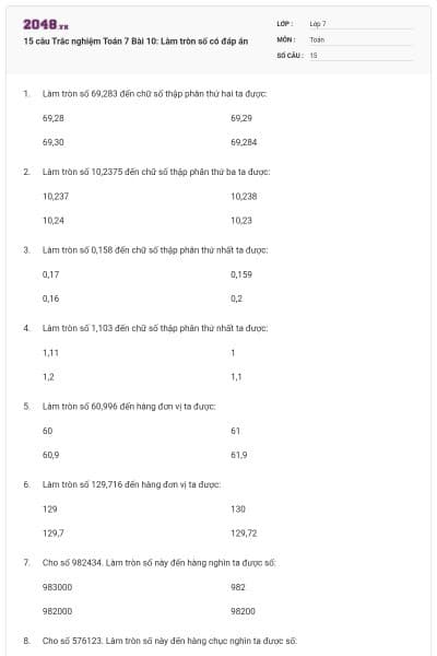 15 câu Trắc nghiệm Toán 7 Bài 10: Làm tròn số có đáp án