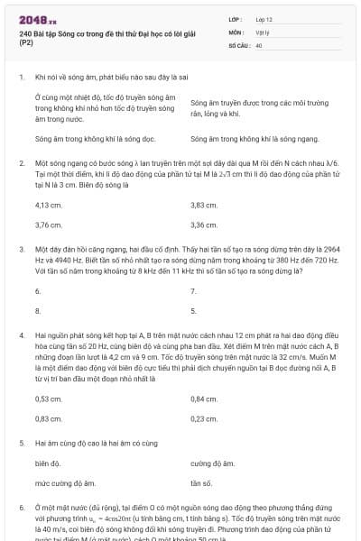 240 Bài tập Sóng cơ trong đề thi thử Đại học có lời giải (P2)