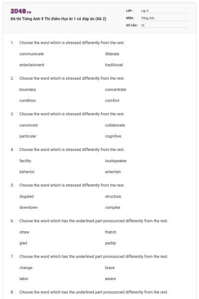 Đề thi Tiếng Anh 9 Thí điểm Học kì 1 có đáp án (Đề 2)