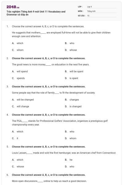 Trắc nghiệm Tiếng Anh 9 mới Unit 11 Vocabulary and Grammar có đáp án