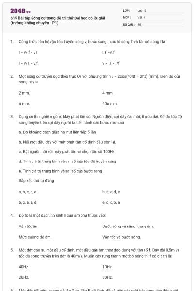 615 Bài tập Sóng cơ trong đề thi thử Đại học có lời giải (trường không chuyên - P1)