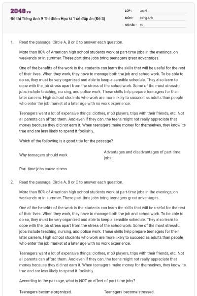 Đề thi Tiếng Anh 9 Thí điểm Học kì 1 có đáp án (Đề 3)