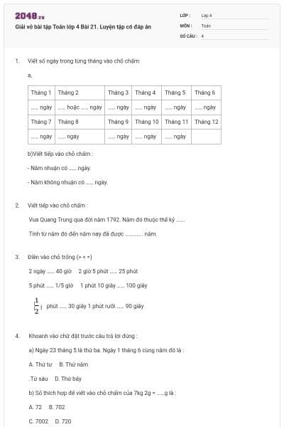 Giải vở bài tập Toán lớp 4 Bài 21. Luyện tập có đáp án
