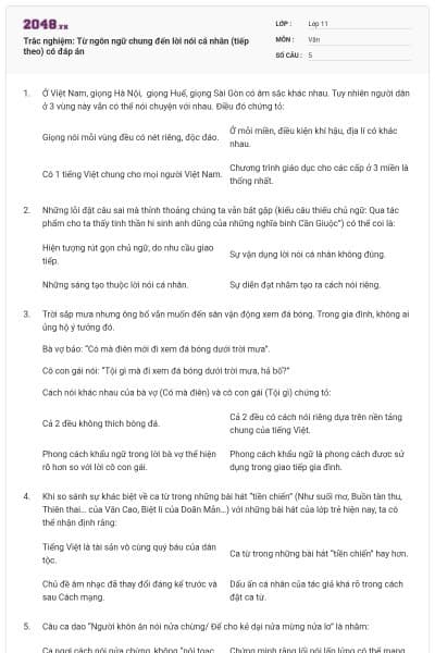 Trắc nghiệm: Từ ngôn ngữ chung đến lời nói cá nhân (tiếp theo) có đáp án