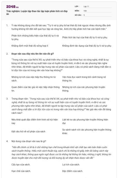 Trắc nghiệm: Luyện tập thao tác lập luận phân tích có đáp án