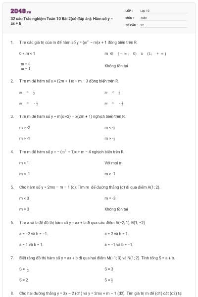 32 câu  Trắc nghiệm Toán 10 Bài 2(có đáp án): Hàm số y = ax + b