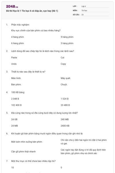 Đề thi Học kì 1 Tin học 6 có đáp án, cực hay (Đề 1)