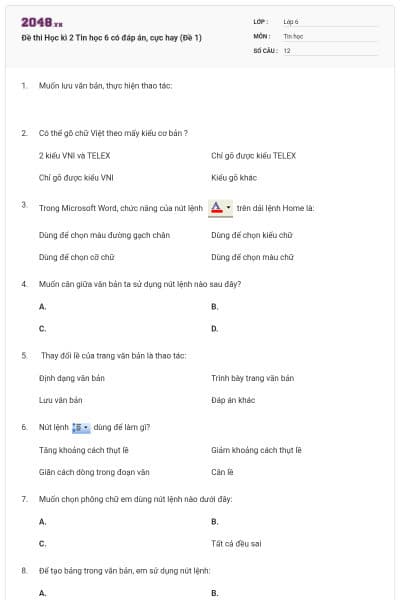 Đề thi Học kì 2 Tin học 6 có đáp án, cực hay (Đề 1)