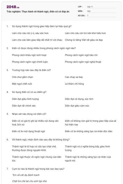 Trắc nghiệm: Thực hành về thành ngữ, điển cố có đáp án