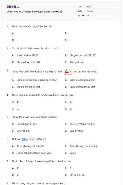 Đề thi Học kì 2 Tin học 6 có đáp án, cực hay (Đề 1)