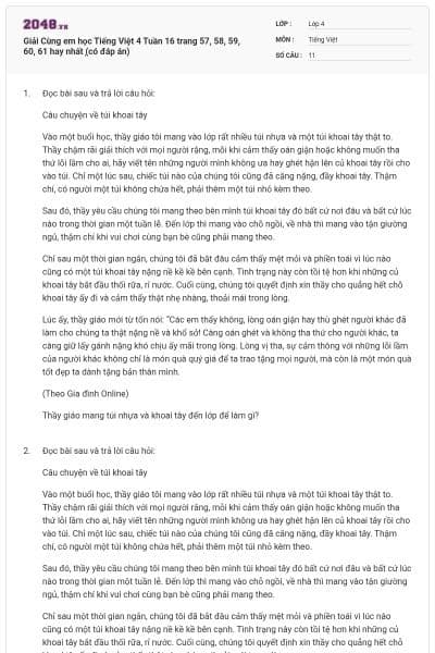 Giải Cùng em học Tiếng Việt 4 Tuần 16 trang 57, 58, 59, 60, 61 hay nhất ̣(có đáp án)