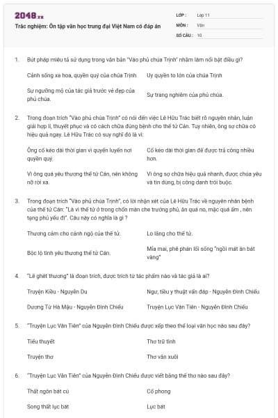 Trắc nghiệm: Ôn tập văn học trung đại Việt Nam có đáp án