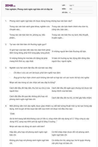 Trắc nghiệm: Phong cách ngôn ngữ báo chí có đáp án