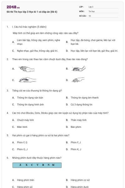 Đề thi Tin học lớp 3 Học kì 1 có đáp án (Đề 6)
