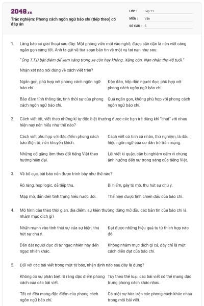 Trắc nghiệm: Phong cách ngôn ngữ báo chí (tiếp theo) có đáp án