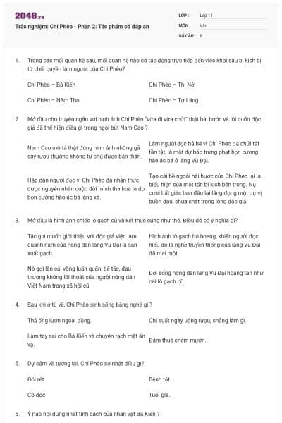 Trắc nghiệm: Chí Phèo - Phần 2: Tác phẩm có đáp án