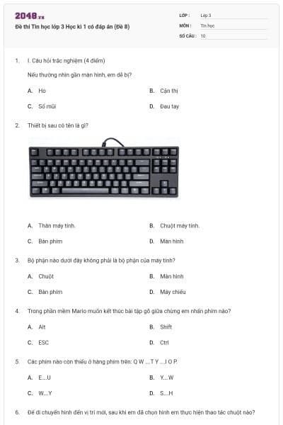 Đề thi Tin học lớp 3 Học kì 1 có đáp án (Đề 8)