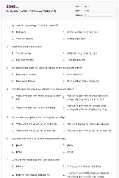 Ôn tập kiểm tra Vật Lí 10 Chương 7,8 (Đề số 1)