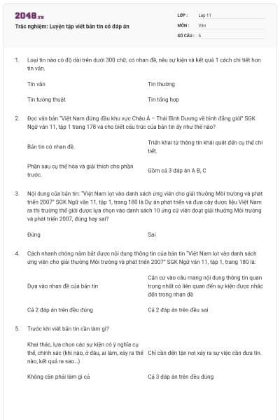 Trắc nghiệm: Luyện tập viết bản tin có đáp án