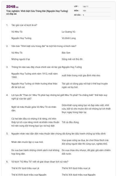 Trắc nghiệm: Vĩnh biệt Cửu Trùng Đài (Nguyễn Huy Tưởng) có đáp án