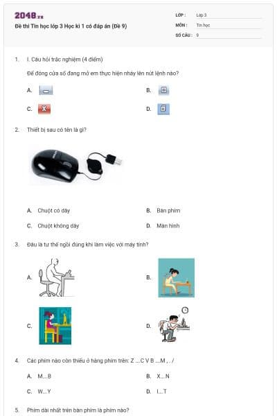 Đề thi Tin học lớp 3 Học kì 1 có đáp án (Đề 9)