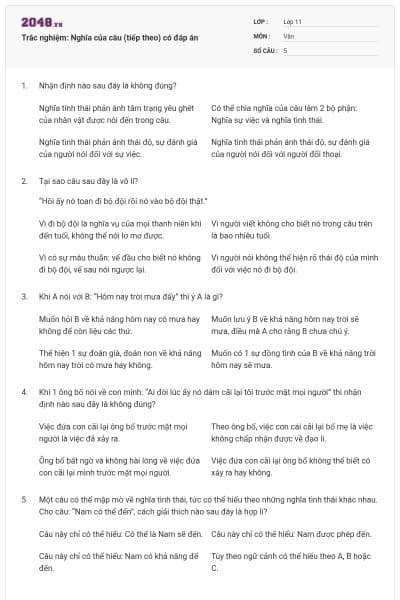 Trắc nghiệm: Nghĩa của câu (tiếp theo) có đáp án