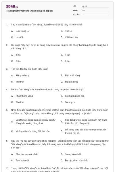 Trắc nghiệm: Vội vàng (Xuân Diệu) có đáp án