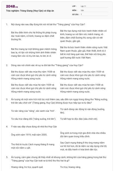 Trắc nghiệm: Tràng Giang (Huy Cận) có đáp án