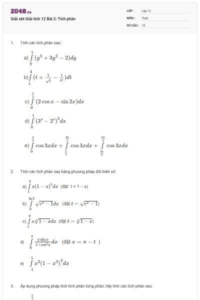 Giải sbt Giải tích 12 Bài 2: Tích phân