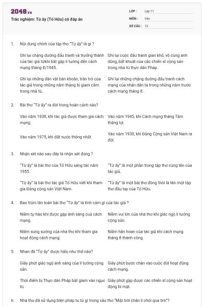 Trắc nghiệm: Từ ấy (Tố Hữu) có đáp án