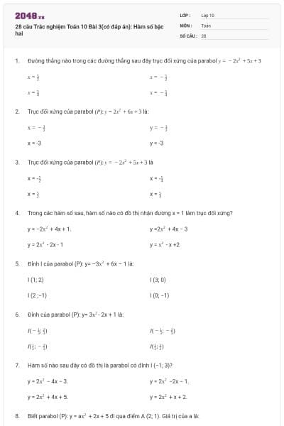 28 câu Trắc nghiệm Toán 10 Bài 3(có đáp án): Hàm số bậc hai