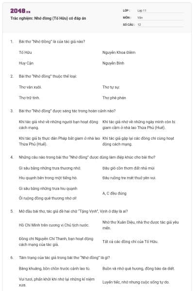 Trắc nghiệm: Nhớ đồng (Tố Hữu) có đáp án