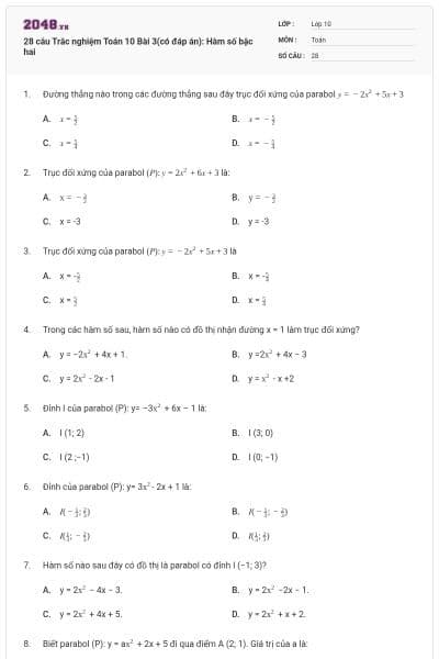 28 câu Trắc nghiệm Toán 10 Bài 3(có đáp án): Hàm số bậc hai