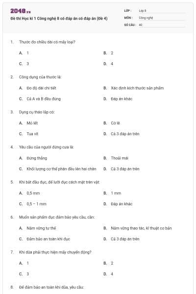 Đề thi Học kì 1 Công nghệ 8 có đáp án có đáp án (Đề 4)