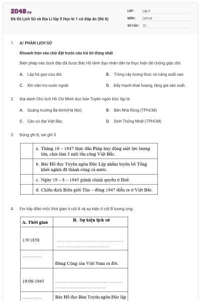 Đề thi Lịch Sử và Địa Lí lớp 5 Học kì 1 có đáp án (Đề 6)