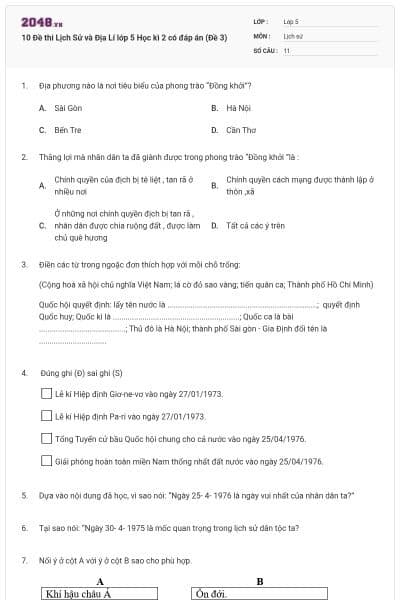 10 Đề thi Lịch Sử và Địa Lí lớp 5 Học kì 2 có đáp án (Đề 3)