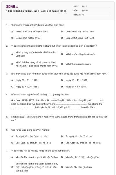 10 Đề thi Lịch Sử và Địa Lí lớp 5 Học kì 2 có đáp án (Đề 6)