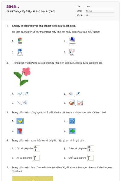 Đề thi Tin học lớp 5 Học kì 1 có đáp án (Đề 3)
