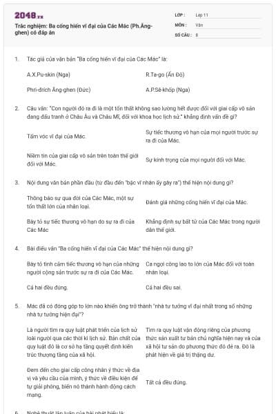 Trắc nghiệm: Ba cống hiến vĩ đại của Các Mác (Ph.Ăng-ghen) có đáp án